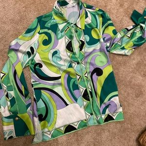 Zara Green and White Retro Printed Top, Satin